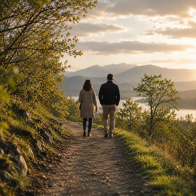 Due persone che camminano insieme su un sentiero al tramonto
