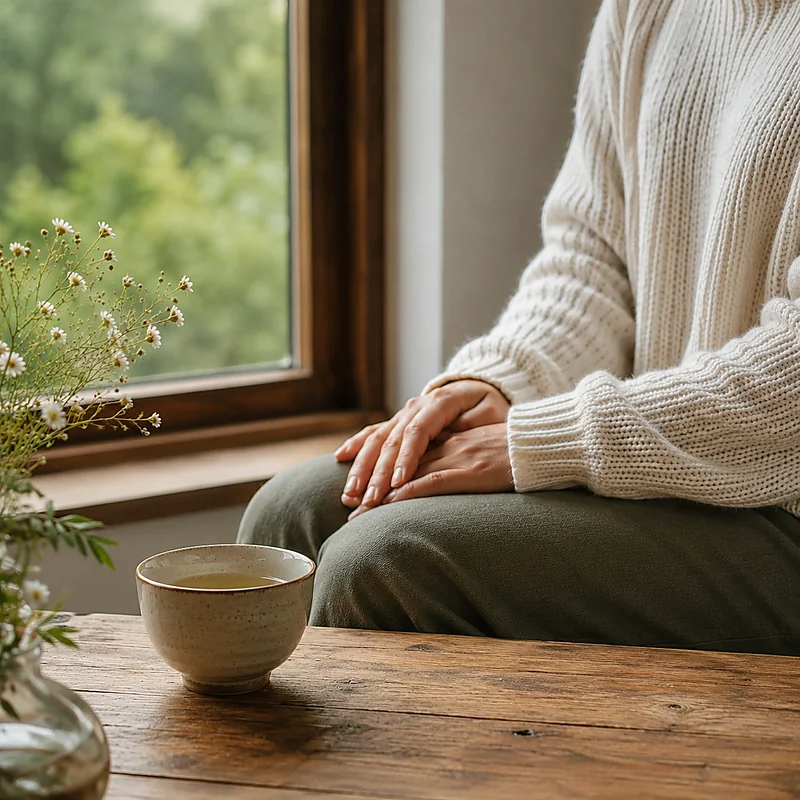 Persona seduta accanto a una finestra con una tazza di tè, in un momento di calma