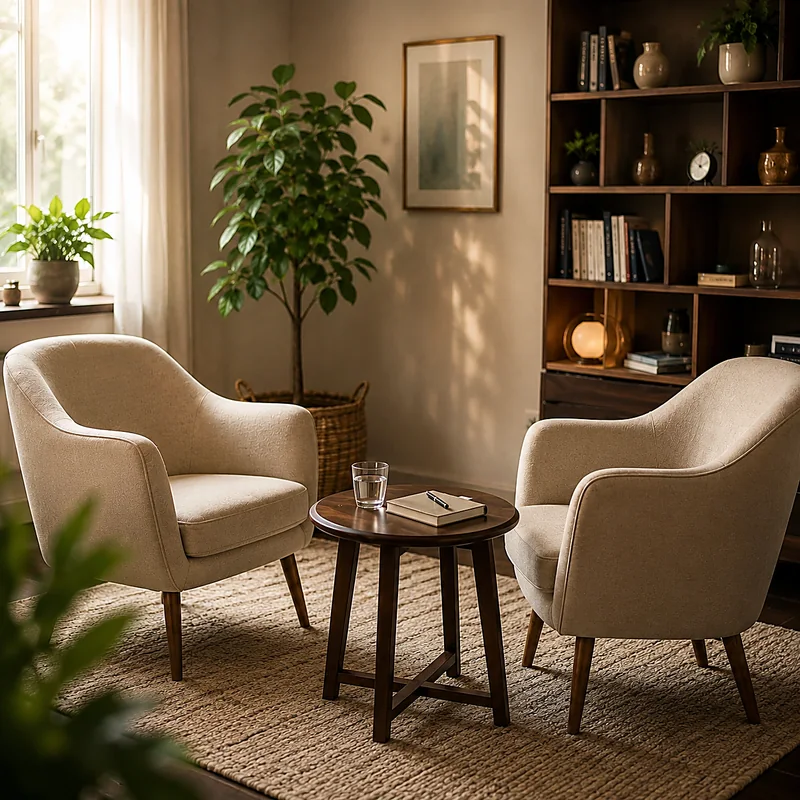 Studio di psicologia con due poltrone e libreria in luce calda